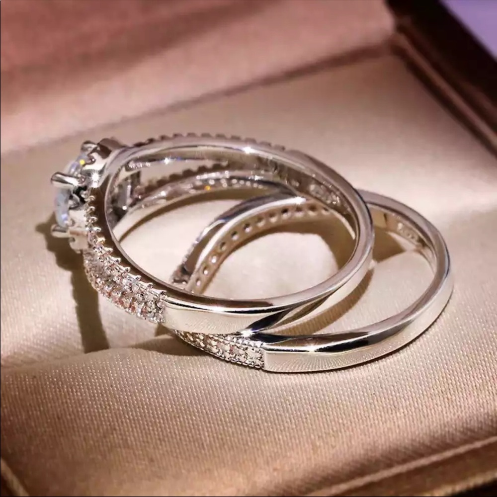 New 925 Silver 2Pcs/set Exquisite Crystal Zircon for Women Wedding Ring - Picture 4 of 5